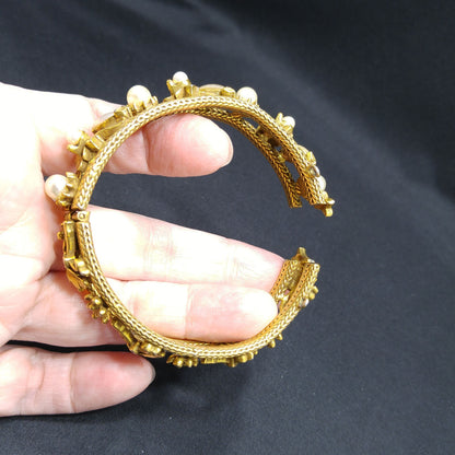 Florenza Faux Pearl Hinged Bracelet, Gold Tone, 1950s Vintage Jewelry
