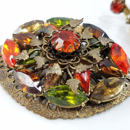 Vintage Filigree Rhinestone Brooch & Earrings, Orange Green Topaz Crystals, Floral Brass Tones, 1950s Vintage Jewelry