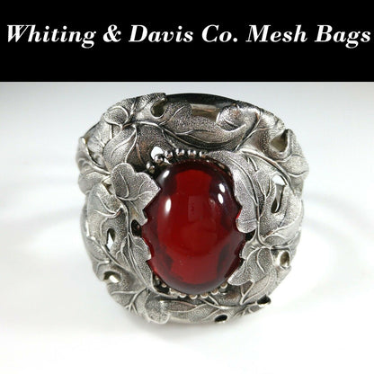 Vintage Whiting & Davis Hinged Cuff Bracelet, Red Glass Cabochon, Rhodium Plated, 1960s Vintage Jewelry