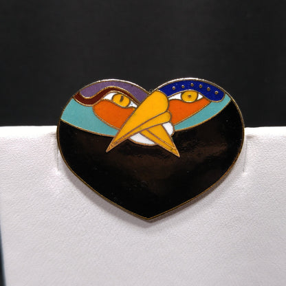Laurel Burch Two Bird Heart Brooch, Gold Plated Cloisonne, 1980s Vintage Jewelry