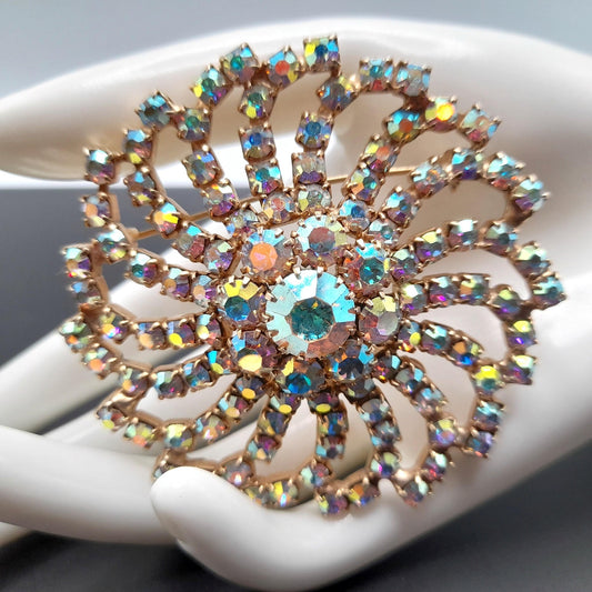 Mid-Century Aurora Borealis Rhinestone Brooch, Gold Plated, 1960s Vintage Jewelry