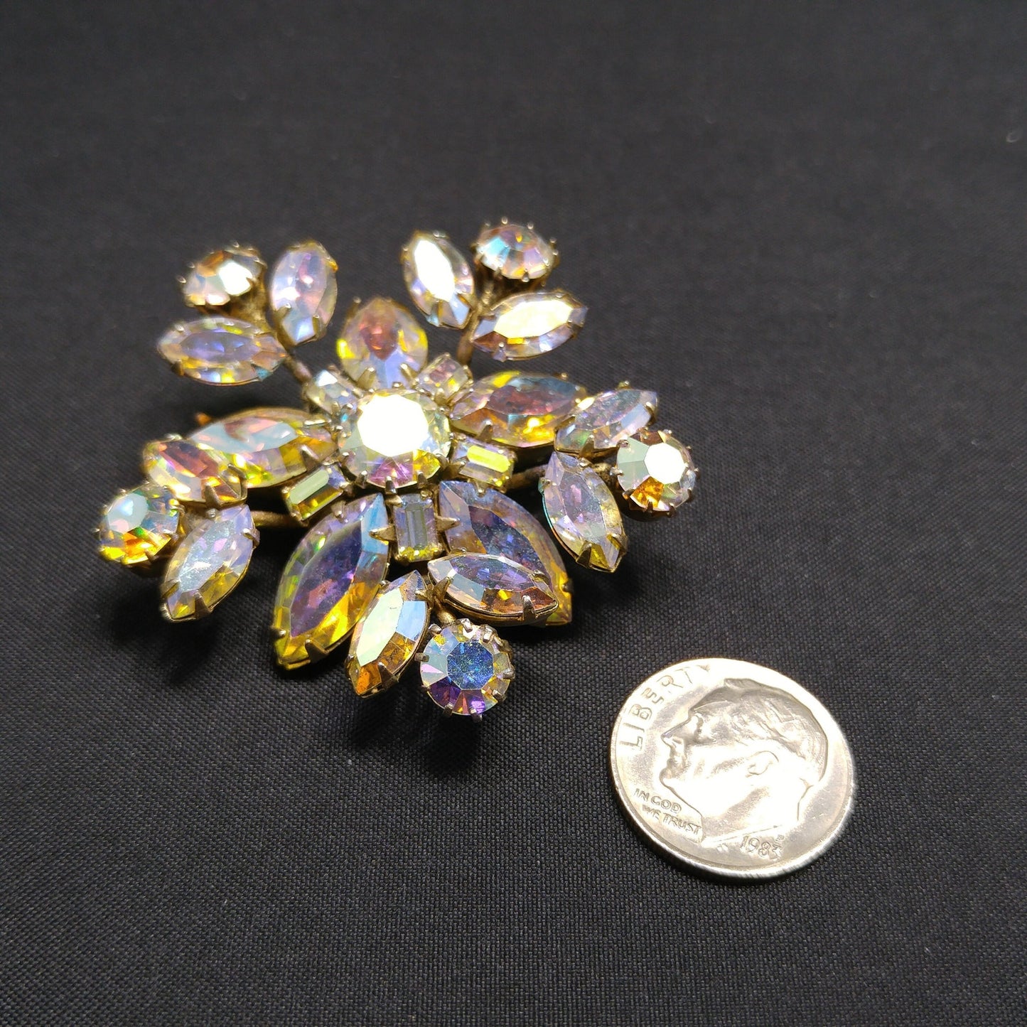 Vintage Sherman Snowflake Rhinestone Brooch, Aurora Borealis, 1960s