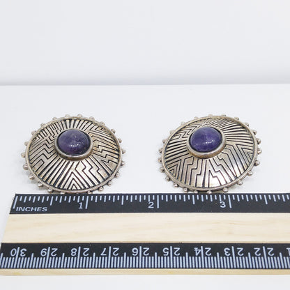 Laurel Burch Amethyst Clip Earrings, Purple Gemstone, Gold Plated, 1980s
