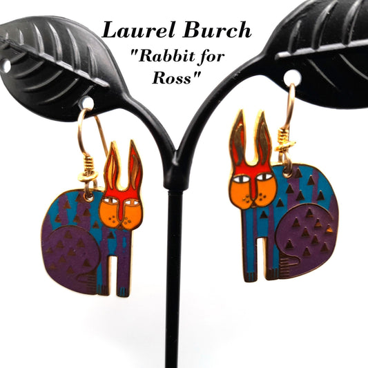Laurel Burch "Rabbit For Ross" Earrings, Enamel Cloisonne Gold Plated, 1980s