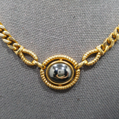 Louis Feraud Paris Gold Plated Pendant Necklace, Hematite Pendant, 1970s Vintage Jewelry