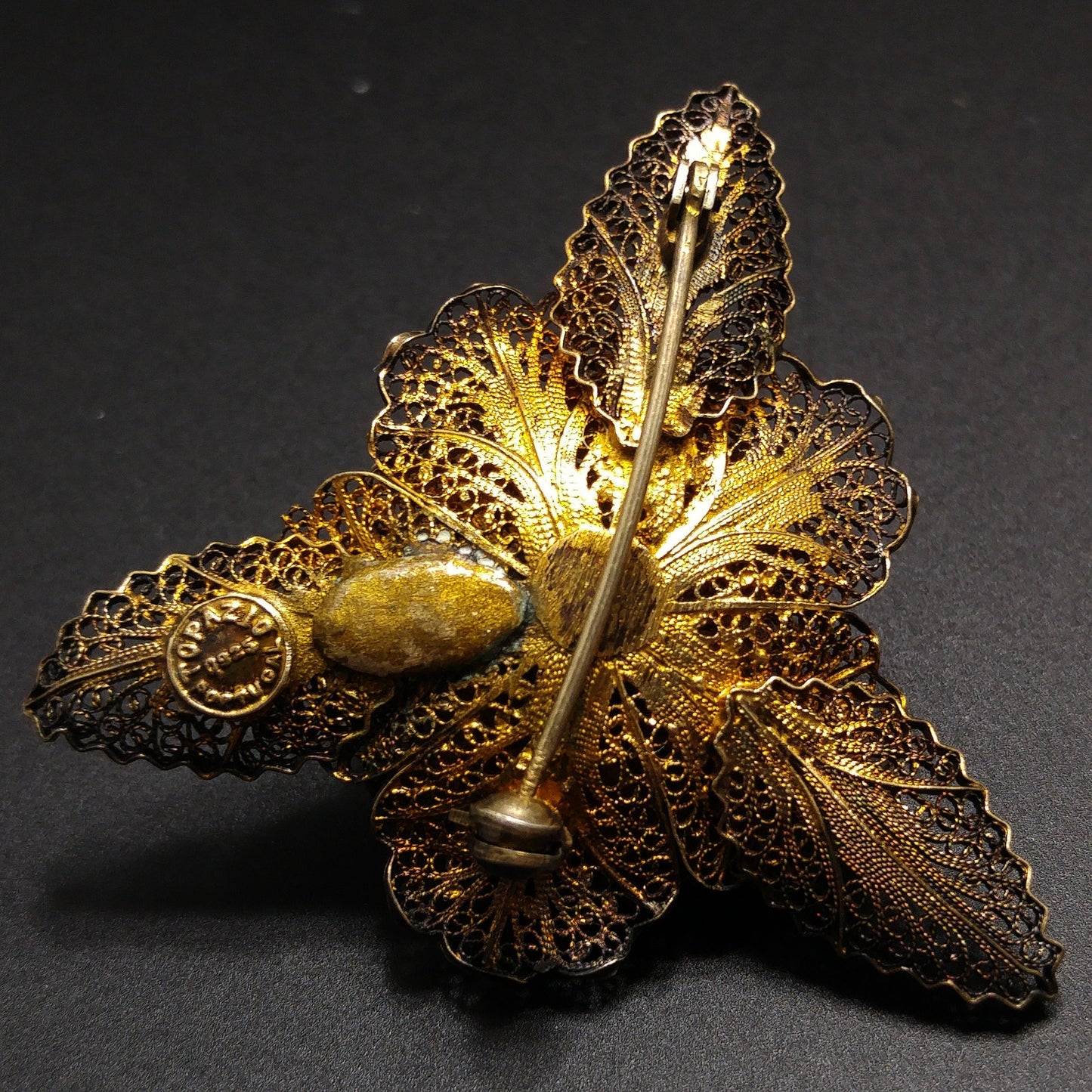 Topazio Portugal Flower Brooch, Silver Vermeil, 1930s Vintage Jewelry