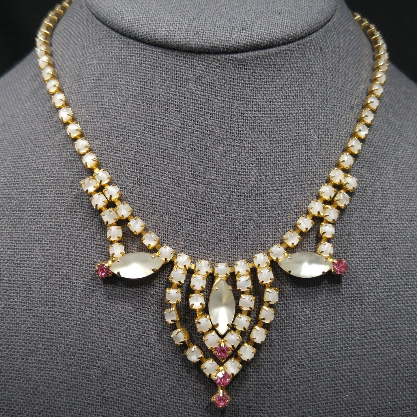 Frosty White Pink Rhinestone Necklace, Gold Plated, 1960s Vintage Jewelry