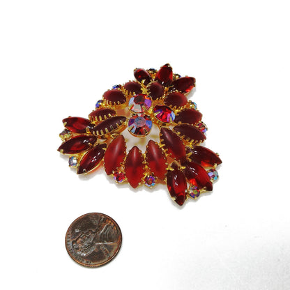 Red Art Glass & Rhinestone Brooch, Gold Plated, Juliana Style, 1960s Vintage Jewelry