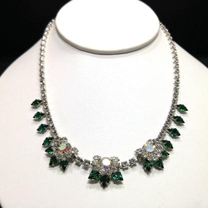 Vintage Green Clear Rhinestone Choker Necklace, Aurora Borealis, Rhodium Plated, 1960s Vintage Jewelry
