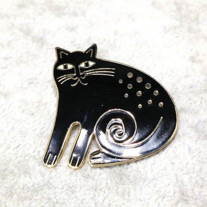 Vintage Laurel Burch Black "Keshire Cat" Brooch, Gold Plate, Black Enamel, 1980s