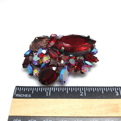 Regency Jewels Red Brooch, Aurora Borealis, 1950s Vintage Jewelry