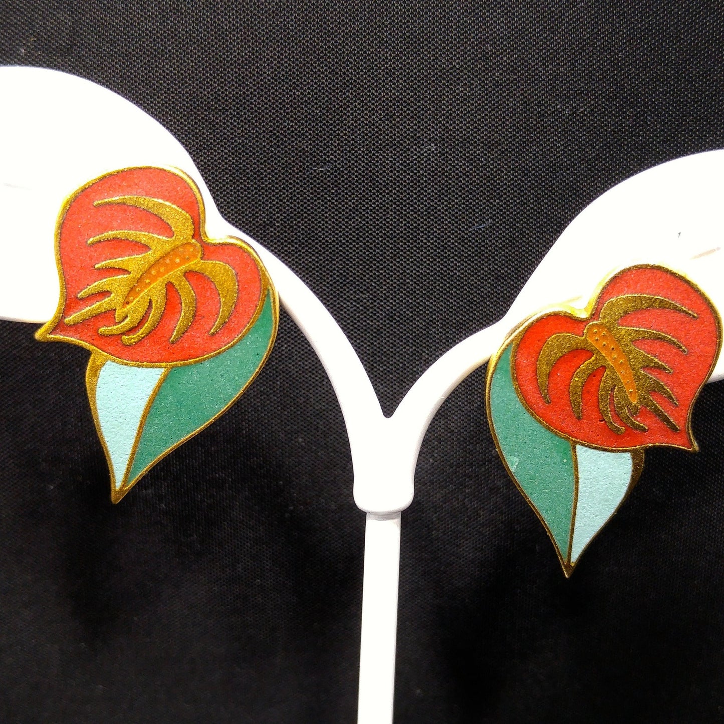 Vintage Laurel Burch "Anthurium" Post Earrings, Red Flower Enamel