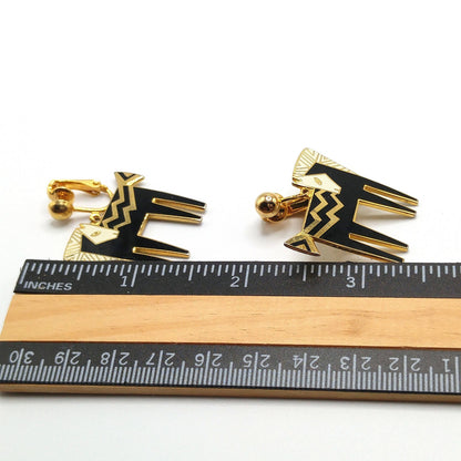 Laurel Burch "Temple Horse" Clip Earrings, Black White Enamel, Gold Plated, 1980s Vintage Jewelry