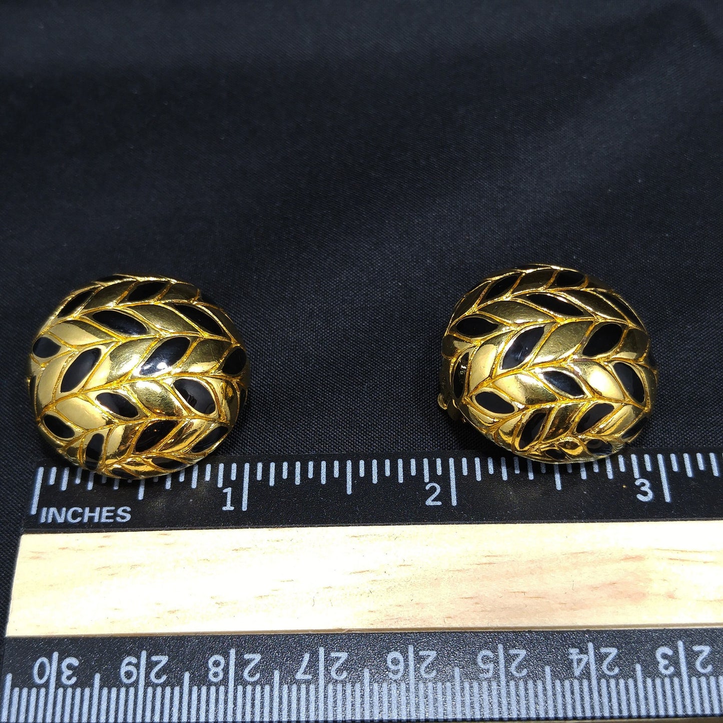 Ciner Gold & Black Clip Earrings, Gold Plated, Black Enamel, 1980s Vintage Jewelry