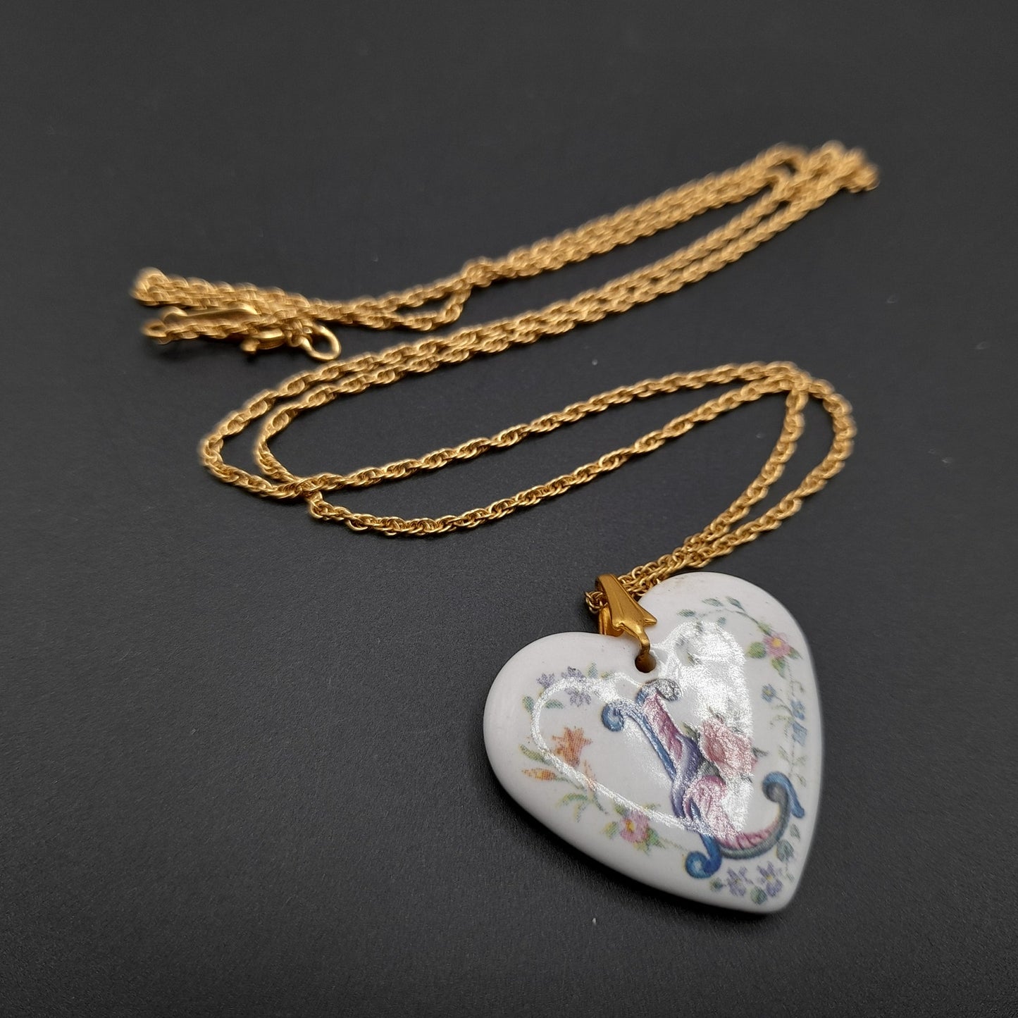 Vintage Avon Porcelain Heart “L” Initial Necklace on 24” Gold Rope Chain