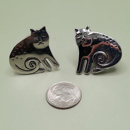 Vintage Laurel Burch Keshire Cat Clip Earrings, Rhodium Plated