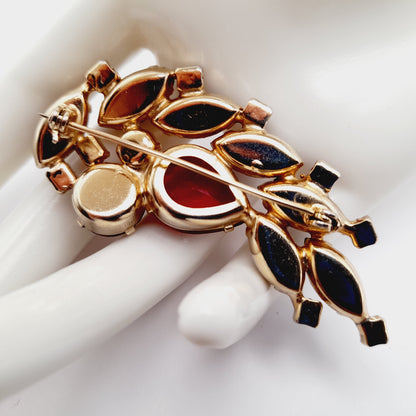 Vintage Red Pink Rhinestones Floral Spray Gold Plated Brooch Pin, 2 1/2 Inches