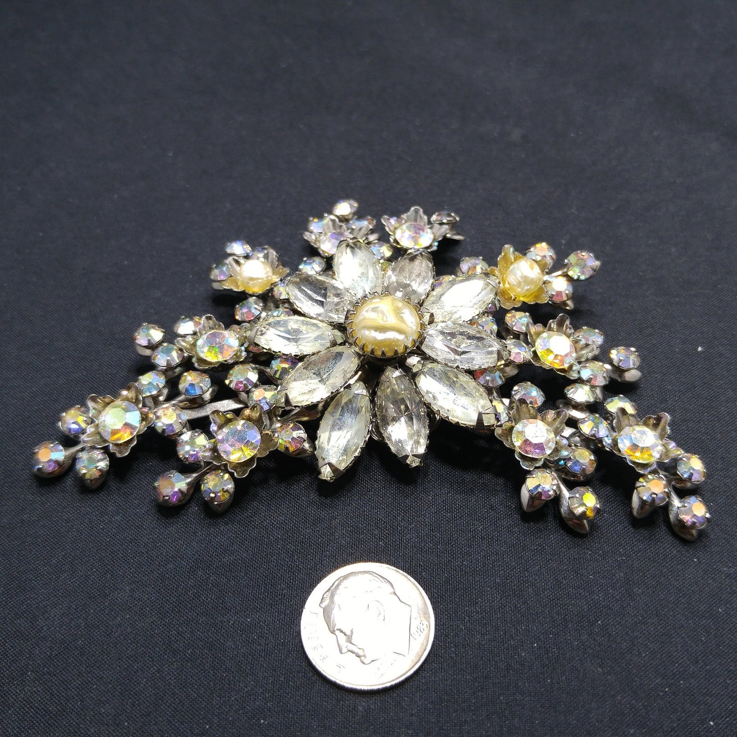 Judy Lee Signed Large Floral Brooch Rhinestone Faux Pearl AB Silver Tone 1950s
