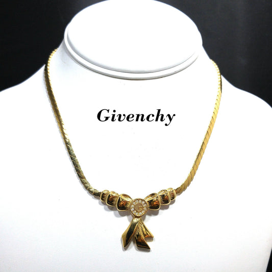 Givenchy Bow Pendant Necklace, Gold Plated, 1980s Vintage Jewelry