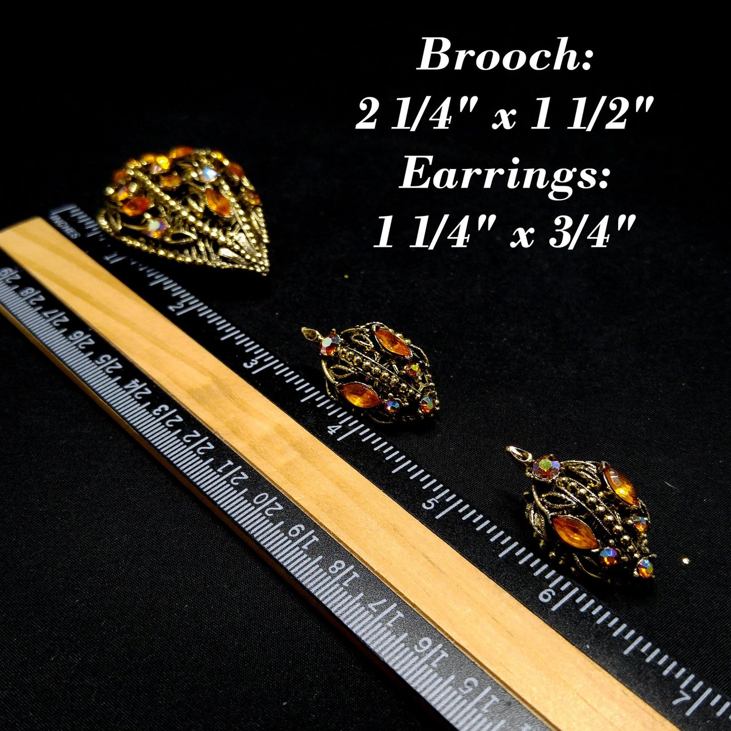 Light Topaz AB Rhinestone Leaves Brooch Earrings Set, 1970s Vintage Jewelry