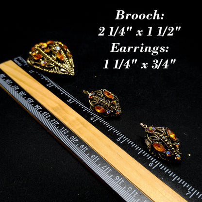 Light Topaz AB Rhinestone Leaves Brooch Earrings Set, 1970s Vintage Jewelry