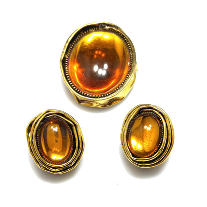 Vintage Carnegie Modernist Brooch Earrings, Light Topaz Glass, 1950s Vintage Jewelry