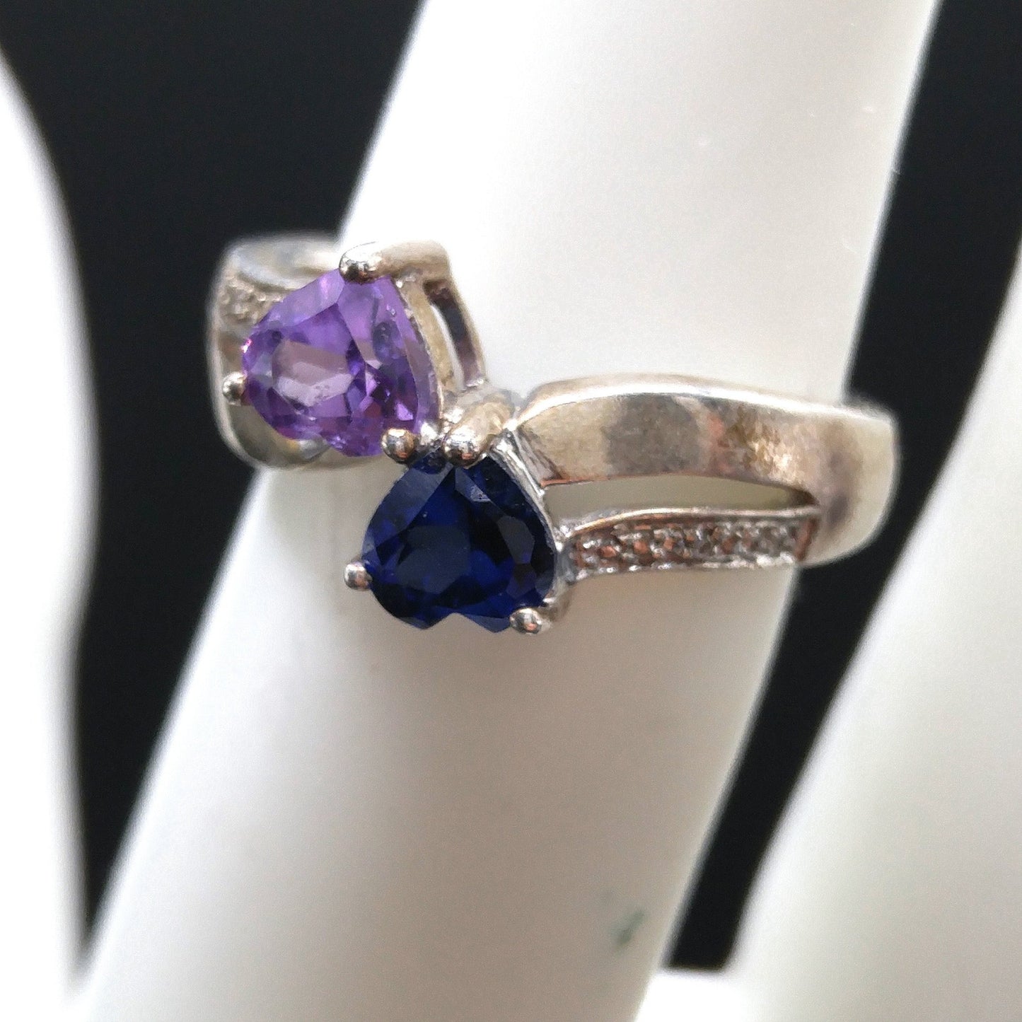 Sterling Silver Heart Ring with Blue Topaz & Amethyst, Size 5.5, 1980s–1990s