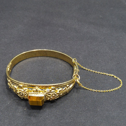 Gemstone Filigree Hinged Bracelet, Safety Chain, 1940s Vintage Jewelry