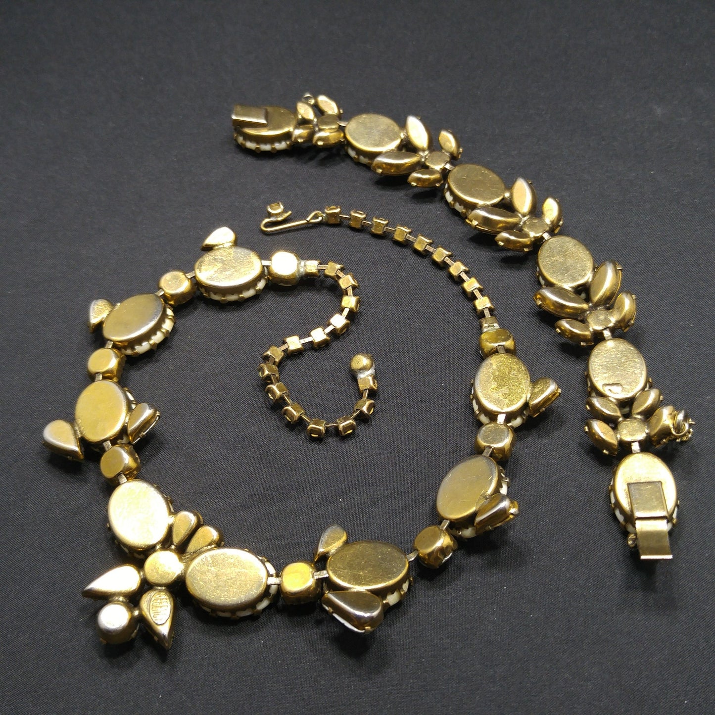 Regency Baroque Pearl Necklace Bracelet Set, Light Topaz AB Rhinestones, 1950s Vintage Jewelry