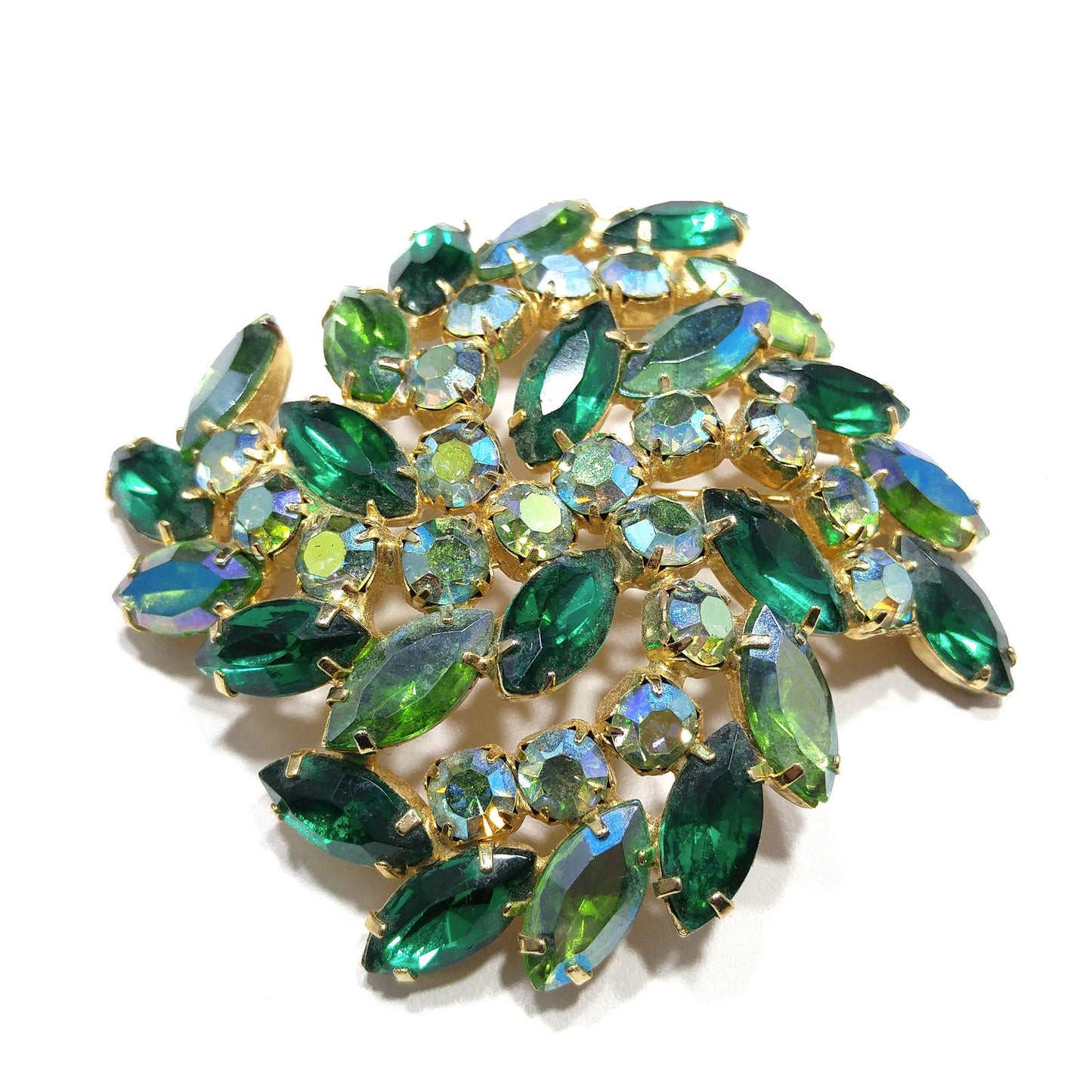 Green Aurora Borealis Rhinestone Brooch, Gold Plated, 1960s Vintage Jewelry