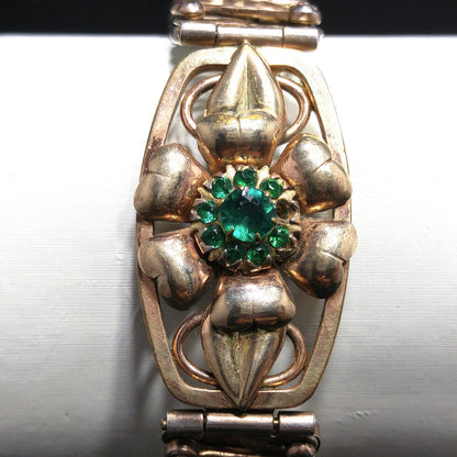 Antique Lustern Expansion Bracelet, 12KGF Sterling, Green Rhinestones, 1920s Vintage Jewelry