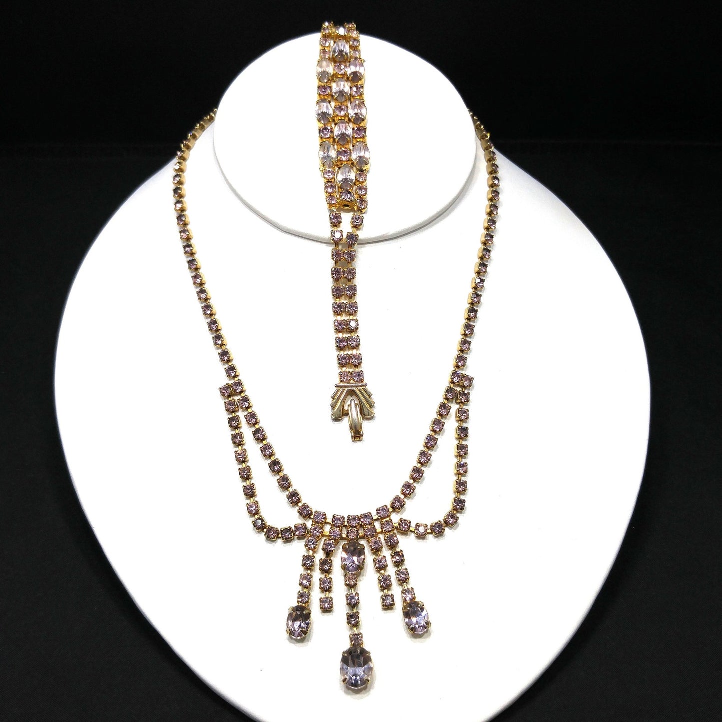 Vintage Lavender Rhinestone Festoon Necklace Bracelet Set, Gold Plated, 1950s Vintage Jewelry