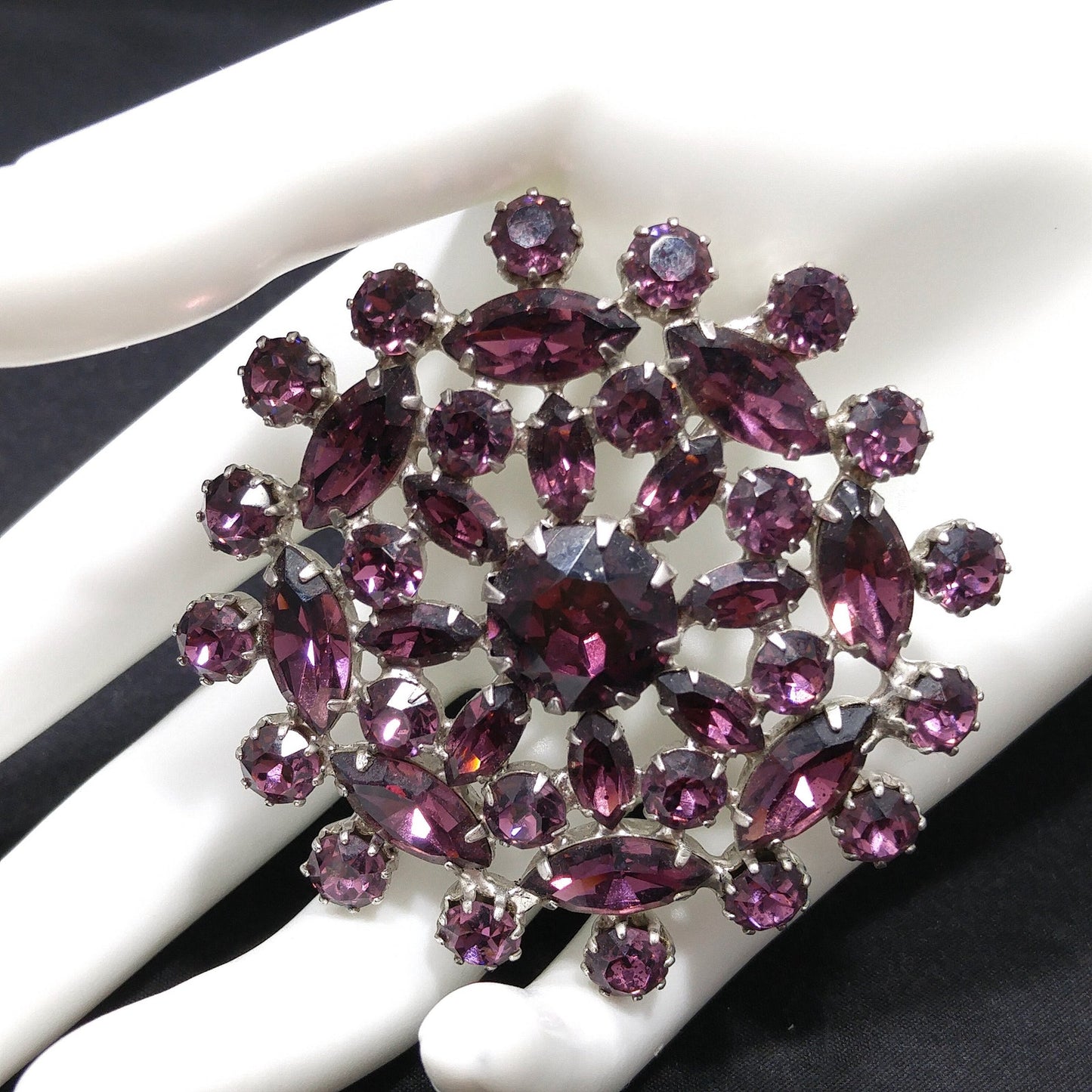 Purple Snowflake Flower Rhinestone Brooch, Rhodium Plated, 1960s Vintage Jewelry