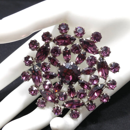 Purple Snowflake Flower Rhinestone Brooch, Rhodium Plated, 1960s Vintage Jewelry