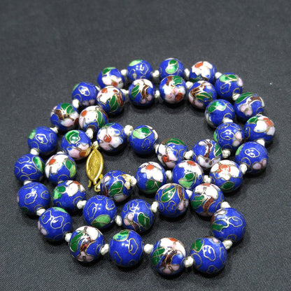 Cloisonne Blue Beaded Necklace, Floral Hand Painted Beads, 1960s Vintage Jewelry