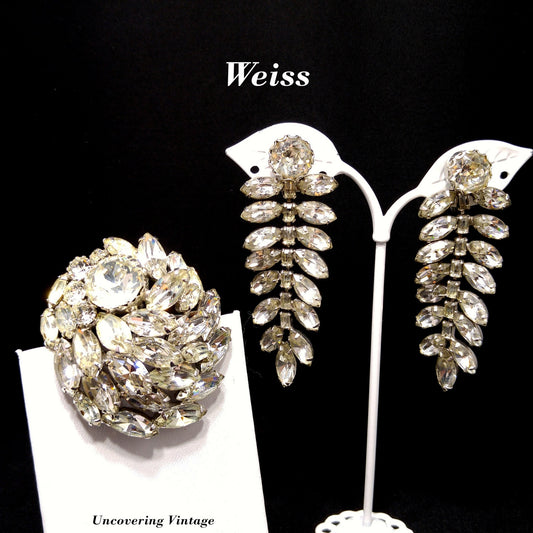 Weiss Clear Rhinestone Brooch and Long Dangle Earrings Set – 1950s Rhodium Plated