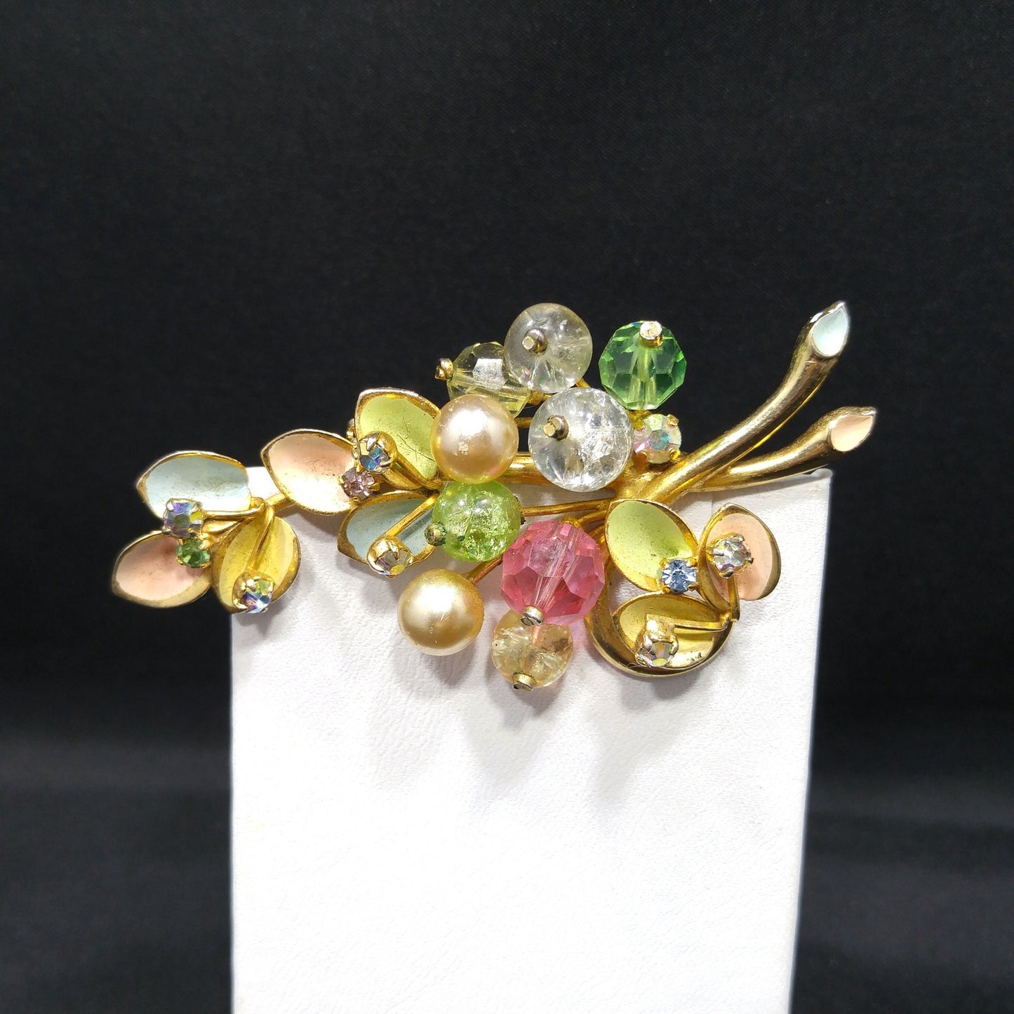 Kramer Made in Austria Floral Brooch, Rhinestones & Enamel Pastels 1950s Vintage