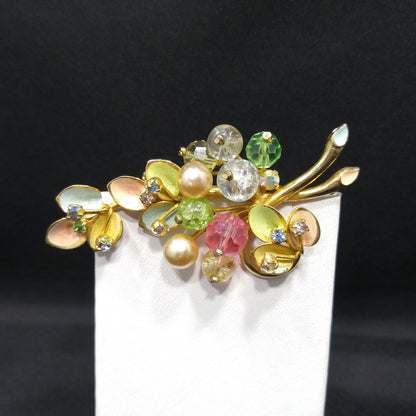 Kramer Made in Austria Floral Brooch, Rhinestones & Enamel Pastels 1950s Vintage
