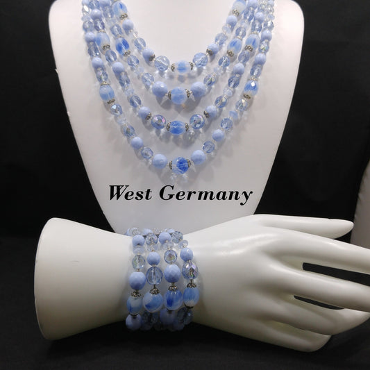 West Germany Blue Beaded Necklace & Bracelet, Art Glass Crystal Beads, 1950s Vintage Jewelry