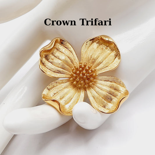Vintage Crown Trifari Dogwood Brooch - Gold-Plated Floral Pin - 1 3/4 Inch