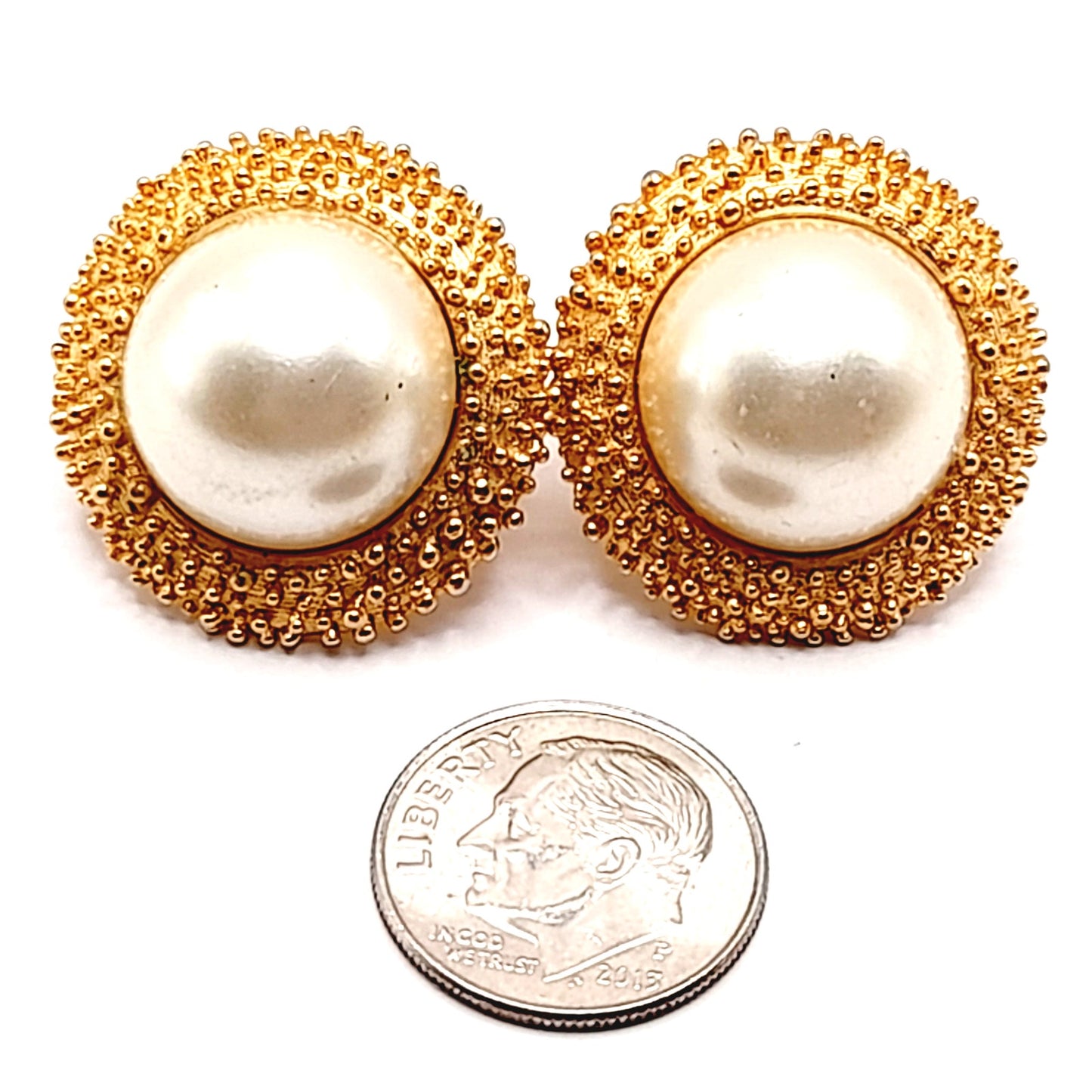 Vintage Crown Trifari Gold Clip Earrings, Brutalist Beaded Design w/ Faux Pearl