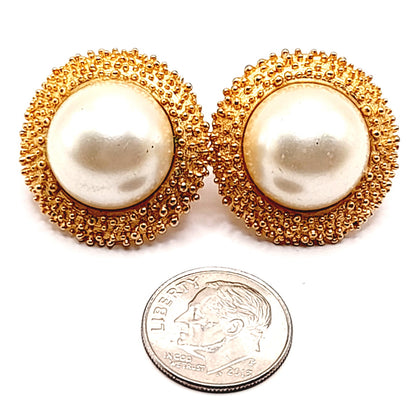 Vintage Crown Trifari Gold Clip Earrings, Brutalist Beaded Design w/ Faux Pearl
