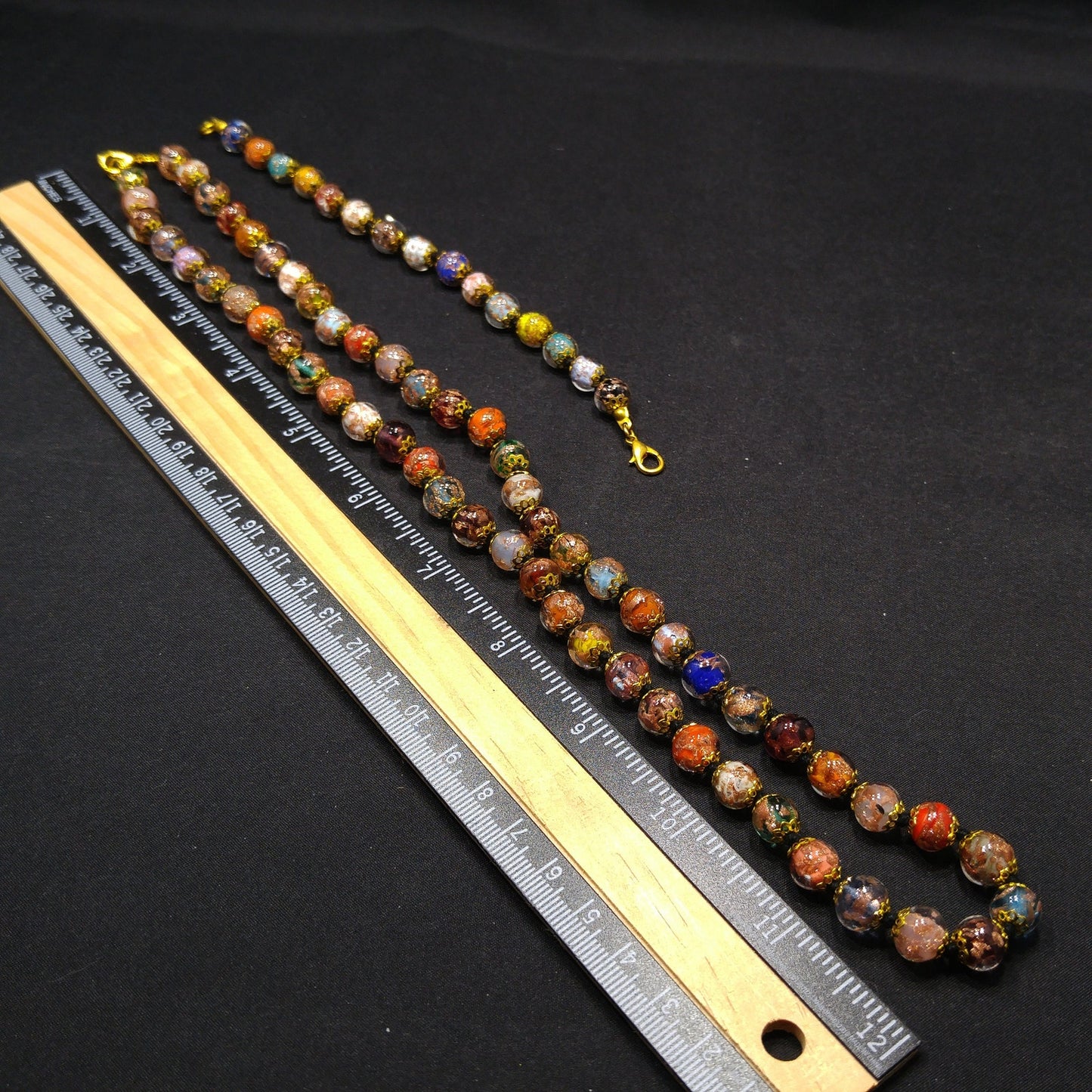 Venetian Goldstone Bohemian Necklace & Bracelet, Hand Knotted Black Thread, Vintage Jewelry