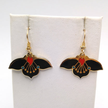 Vintage Laurel Burch "Desert Flower" Earrings, Black Red Enamel, Gold Plated, 1980s