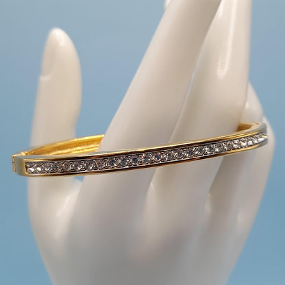 Vintage Swarovski Rhinestone Hinged Bracelet Hoop Post Earrings Set, Gold Plated, Swan Logo