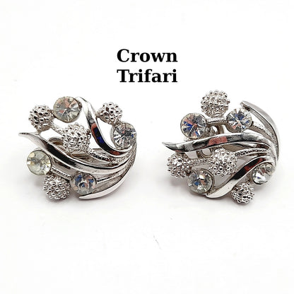 Vintage Crown Trifari Rhinestone Clip Earrings – Rhodium Plated Mid Century Jewelry