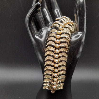 Vintage Kramer Wide Bracelet, Faux Pearls, Gold Plated, 1960s Jewelry