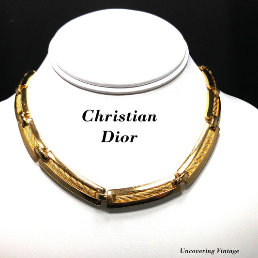 Vintage Christian Dior Choker Textured Links Necklace, Gold Plated, 1980s