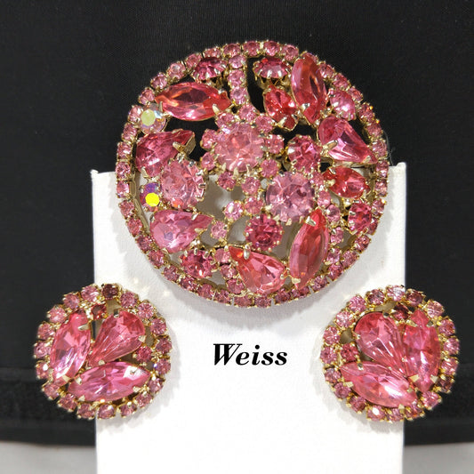 Weiss Pink Rhinestone Brooch Earrings Set, Gold Plated, 1960s Vintage Jewelry