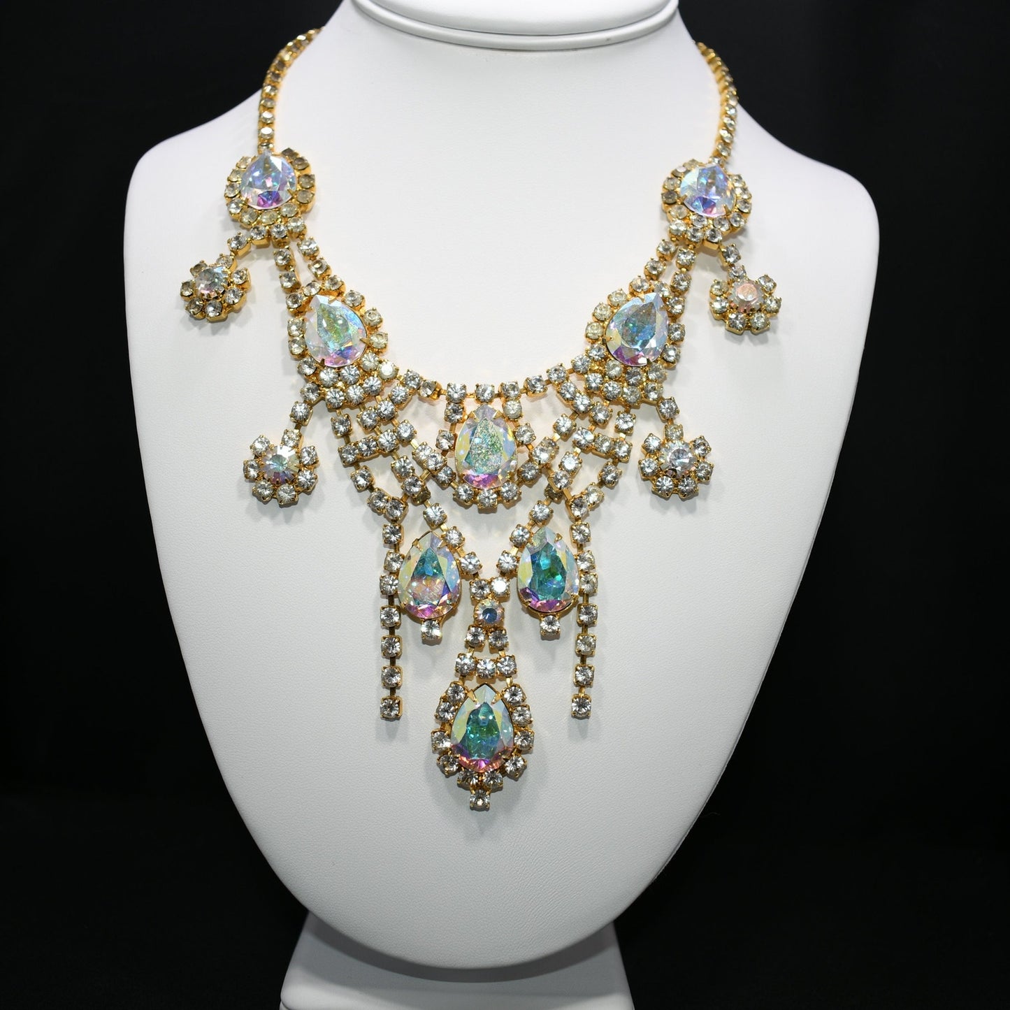 Aurora Borealis Rhinestone Frontal Necklace, Gold Plated, 21 Inches, 1970s Vintage Jewelry